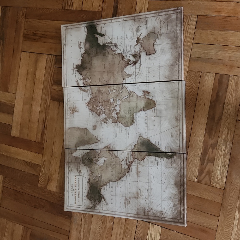 Vintage World Map Wall Art Set | Neutral Rustic Triptych Canvas Decor